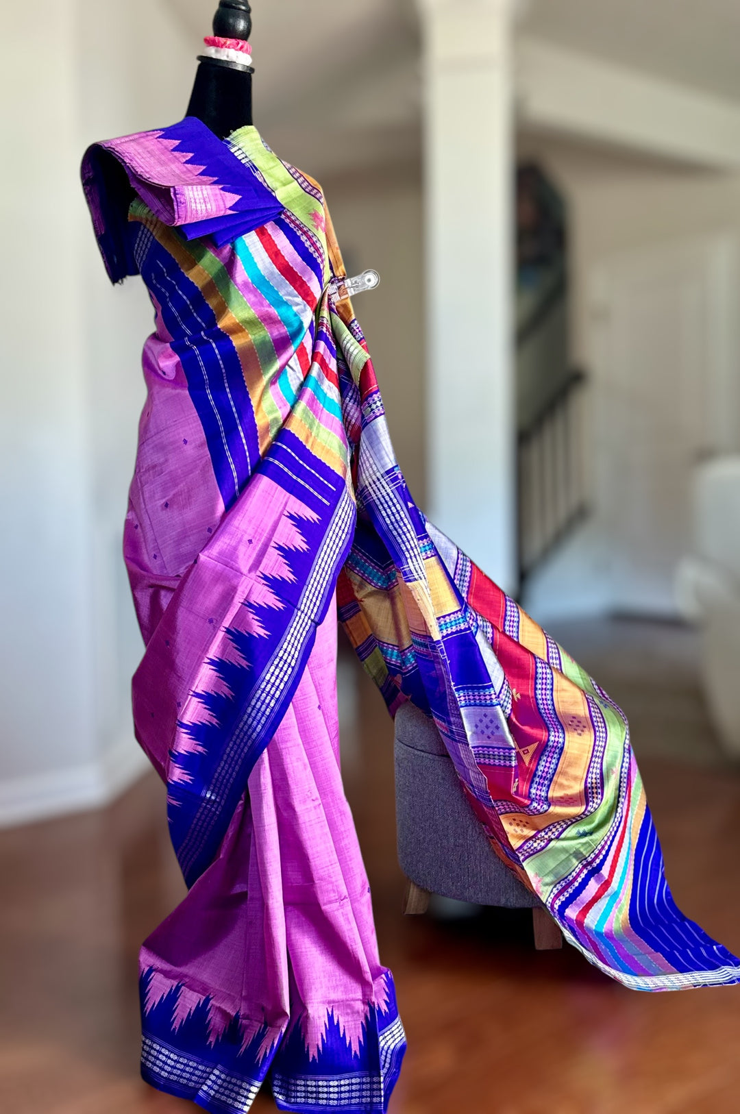 Lavender Pink with blue combination Berhampuri Double pallu pure silk saree