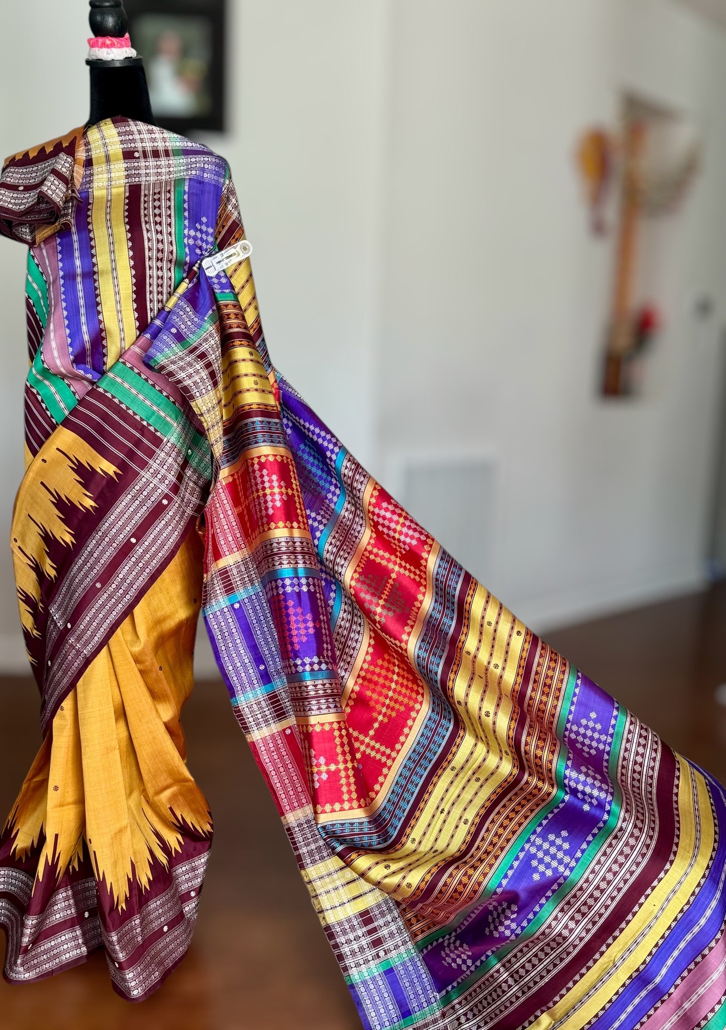 Mustard with brown  Berhampuri pure silk saree with colorful double pallu