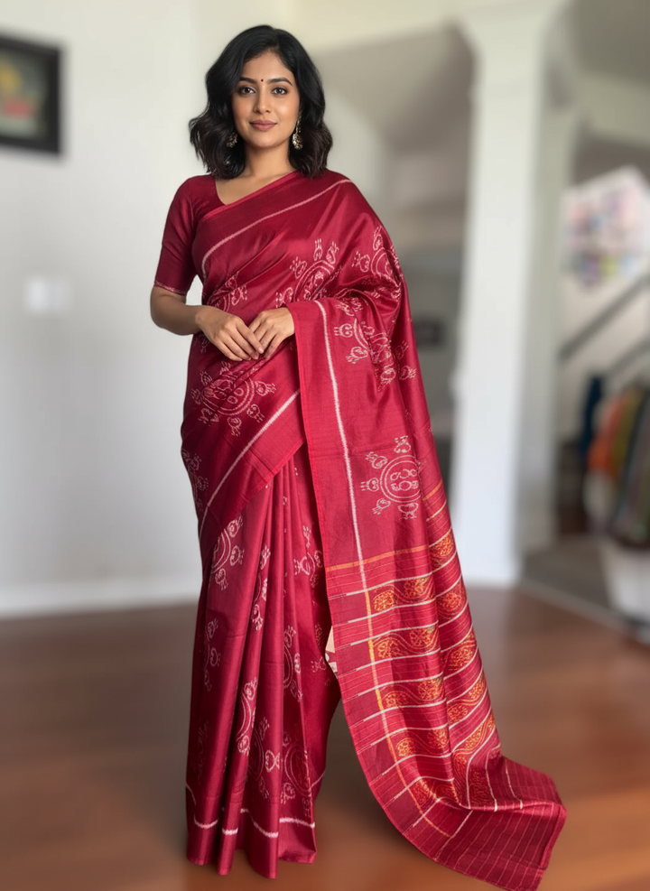 Fainted Maroon color Laxmi Pada contemporary ikat pure silk saree| Odisha Weaves
