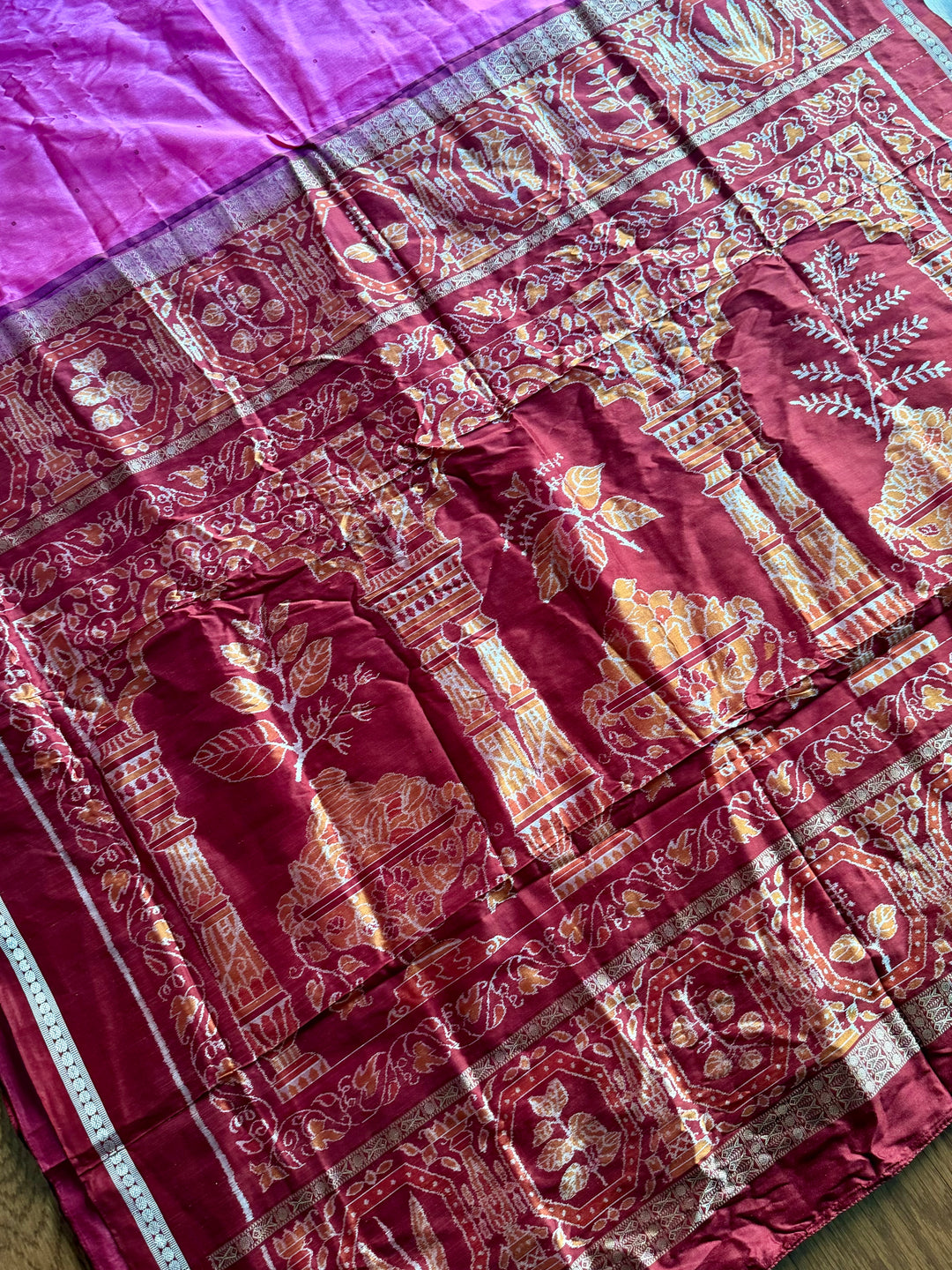 Pink Sambalpuri Ikat Pure Silk Saree with “Triphala” Ikat Pallu and Maroon Border |Odisha Weaves
