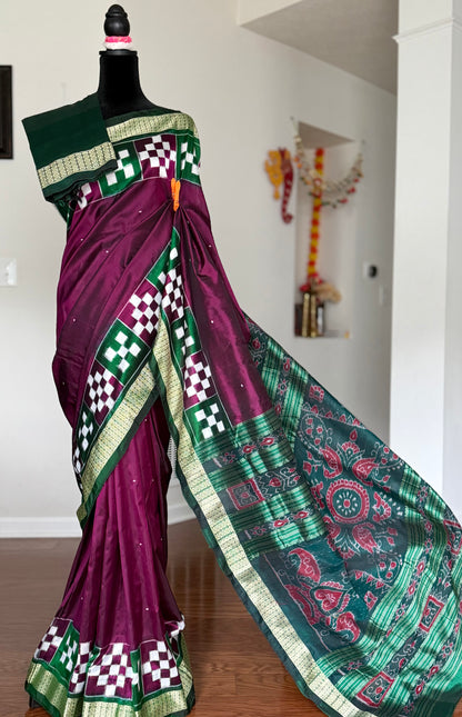 Plum and green combination Sambalpuri pasapali handwoven Ikkat semi-silk saree| Odisha Weaves