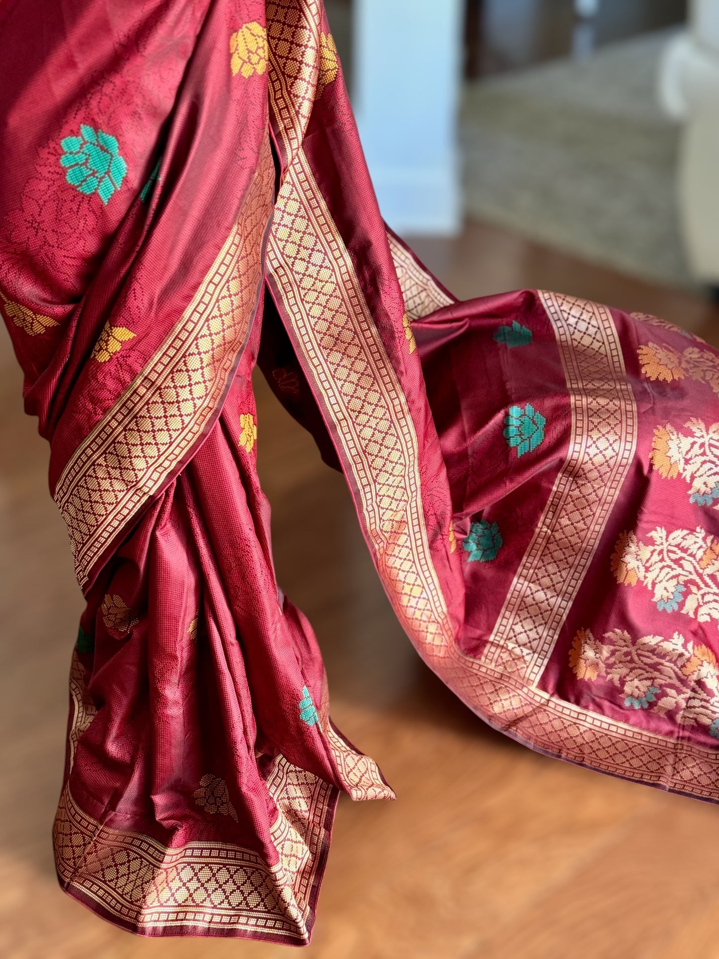 Lovely rust red designer weaved and textured saree with stitched blouse| Value Vogue