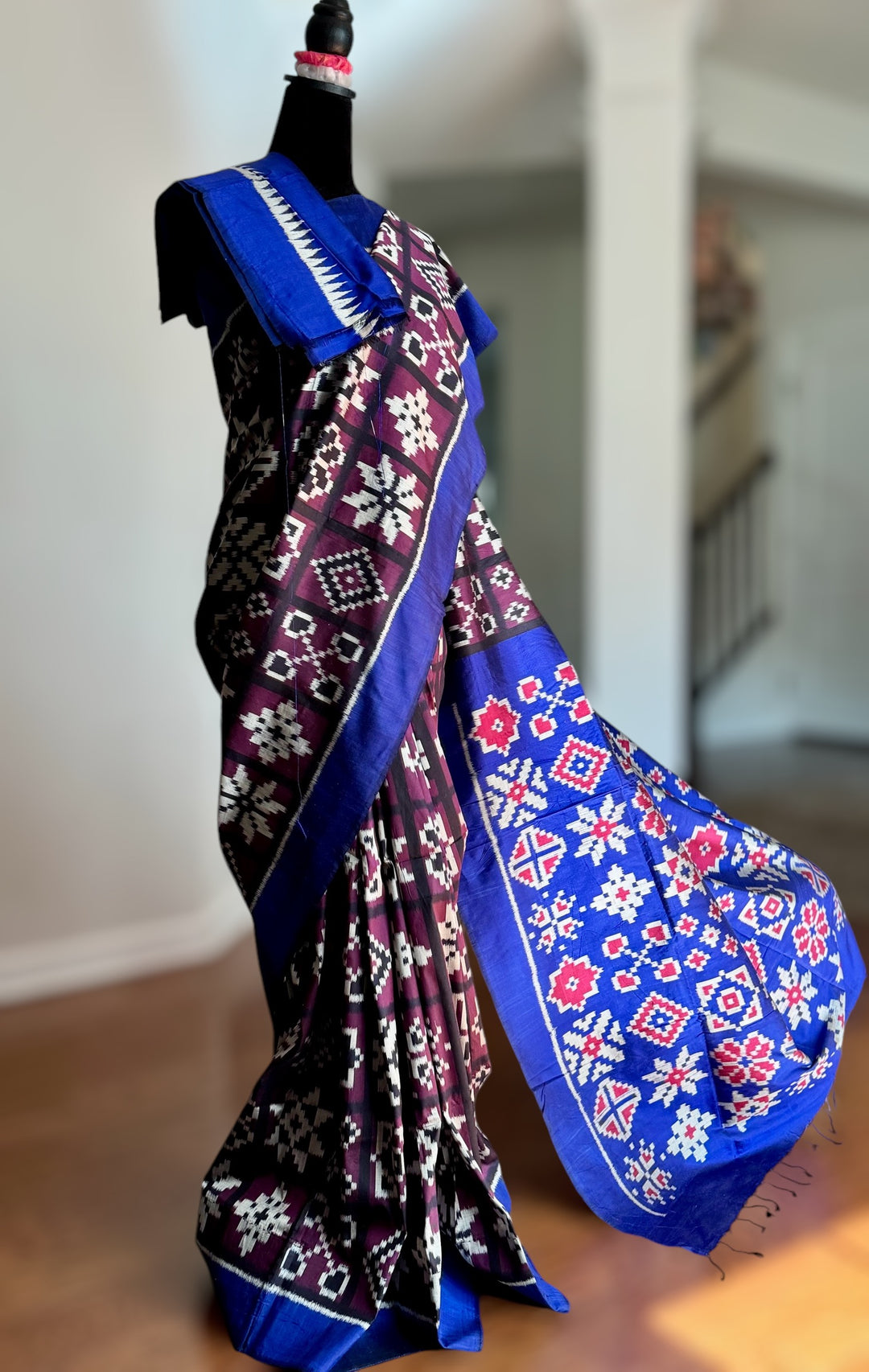 Purple with Blue combination Telia inspired Contemporary ikat pure silk saree