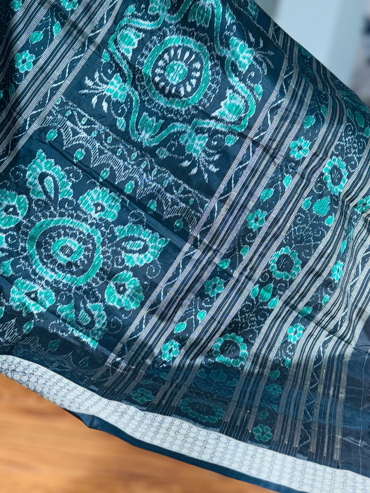 Handwoven Utkal Laxmi Sambalpuri ikat pure silk saree, Green Ikat pallu|Odisha Weaves|