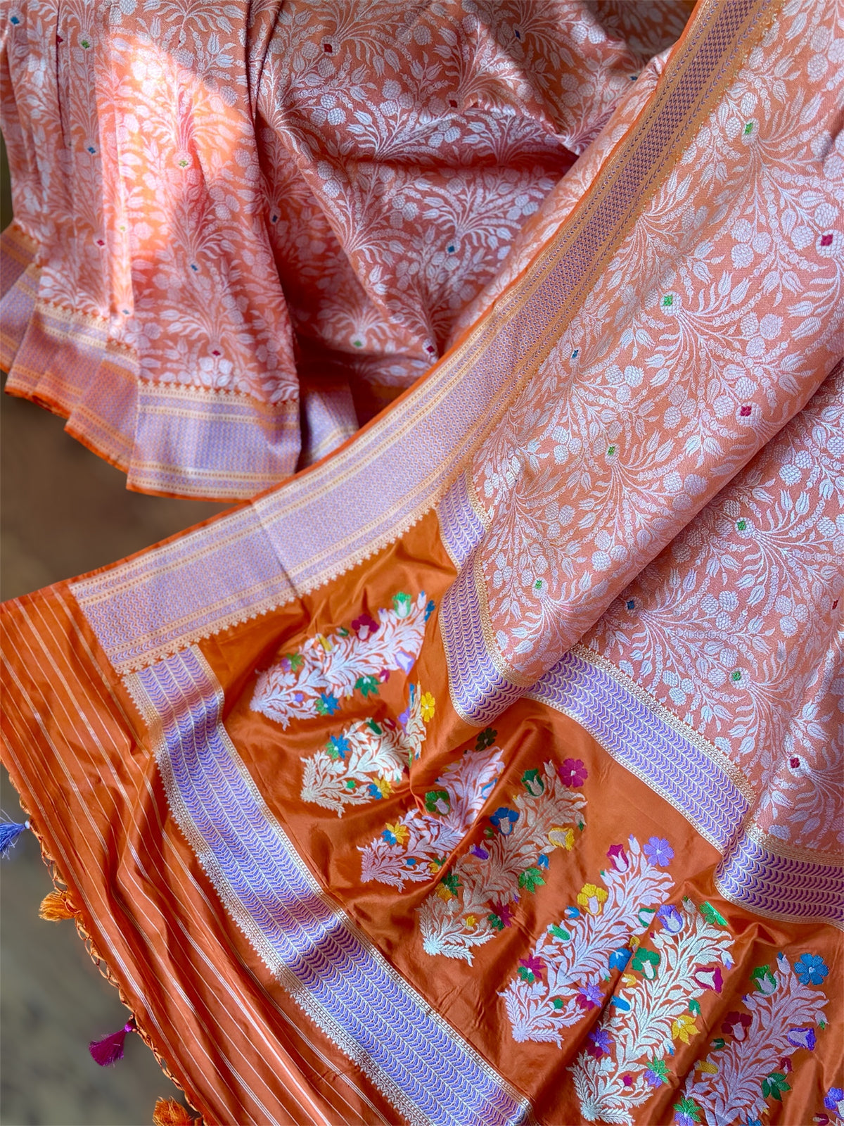 Orange Banarasi handwoven brocade pure silk with Tanchoi meenakari kadhuwa weave saree