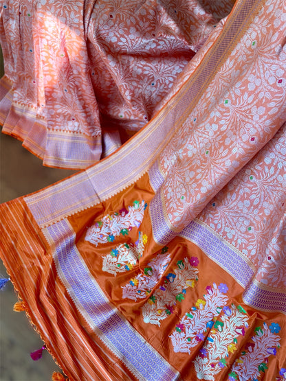 Orange Banarasi handwoven brocade pure silk with Tanchoi meenakari kadhuwa weave saree