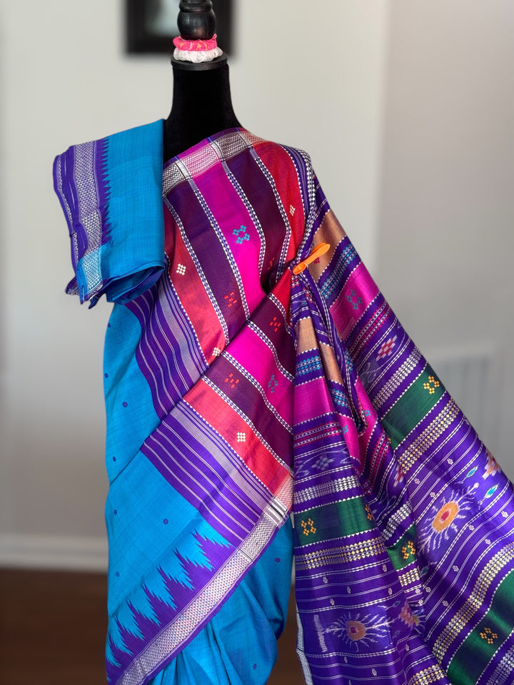 Extremely Lovely Blue Berhampuri Double pallu Pure Silk Saree