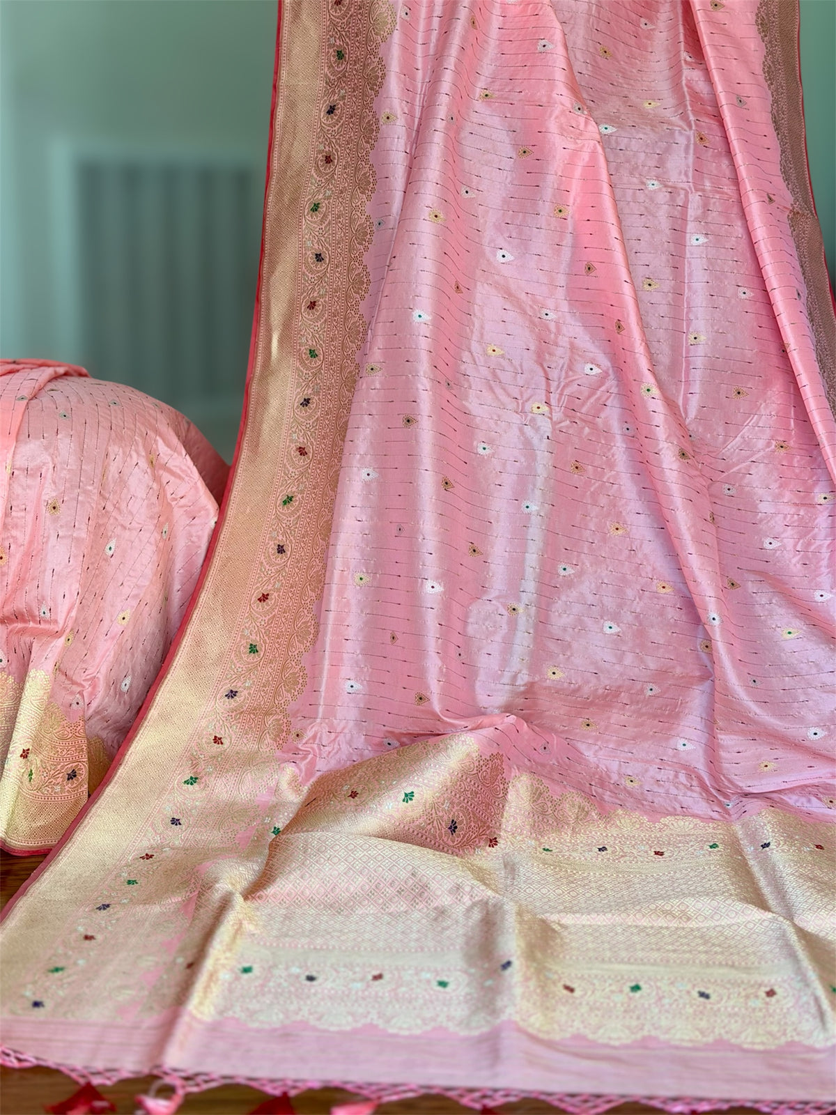 Luxurious Light Peach handwoven pure silk saree with Kadhwa, meenakari work
