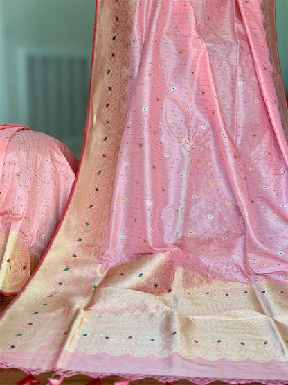 Luxurious Light Peach handwoven pure silk saree with Kadhwa, meenakari work