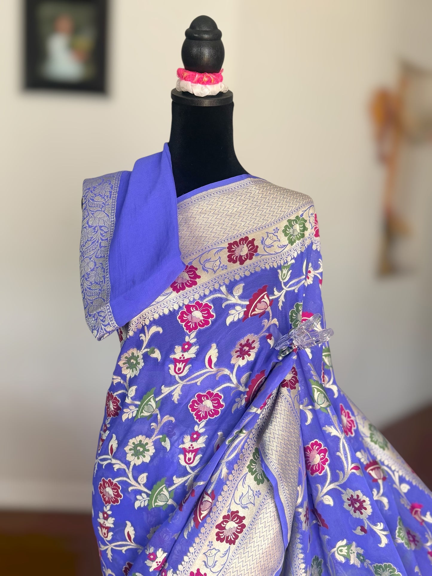Light lavender-ish blue Banarasi hand woven pure khaddi georgette saree with Tilfi meenakari