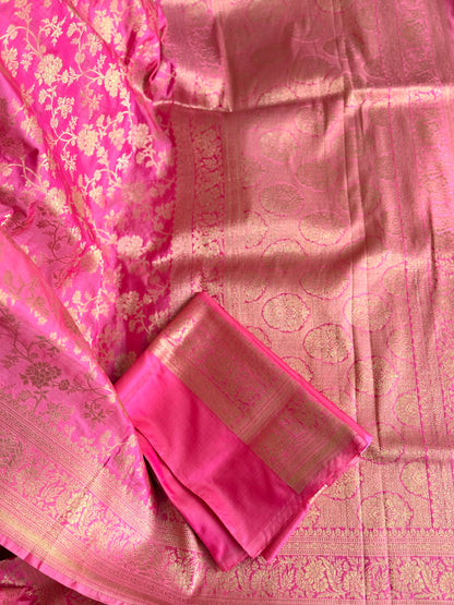 Pink Banarasi handwoven pure silk with floral jaal work