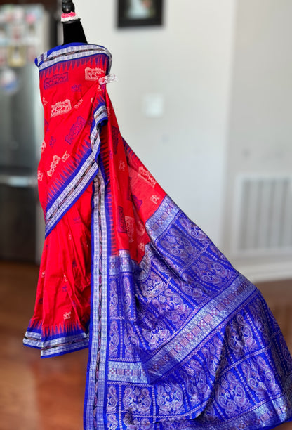 Gorgeous Bomkai pure silk saree in Red and Royal blue combination