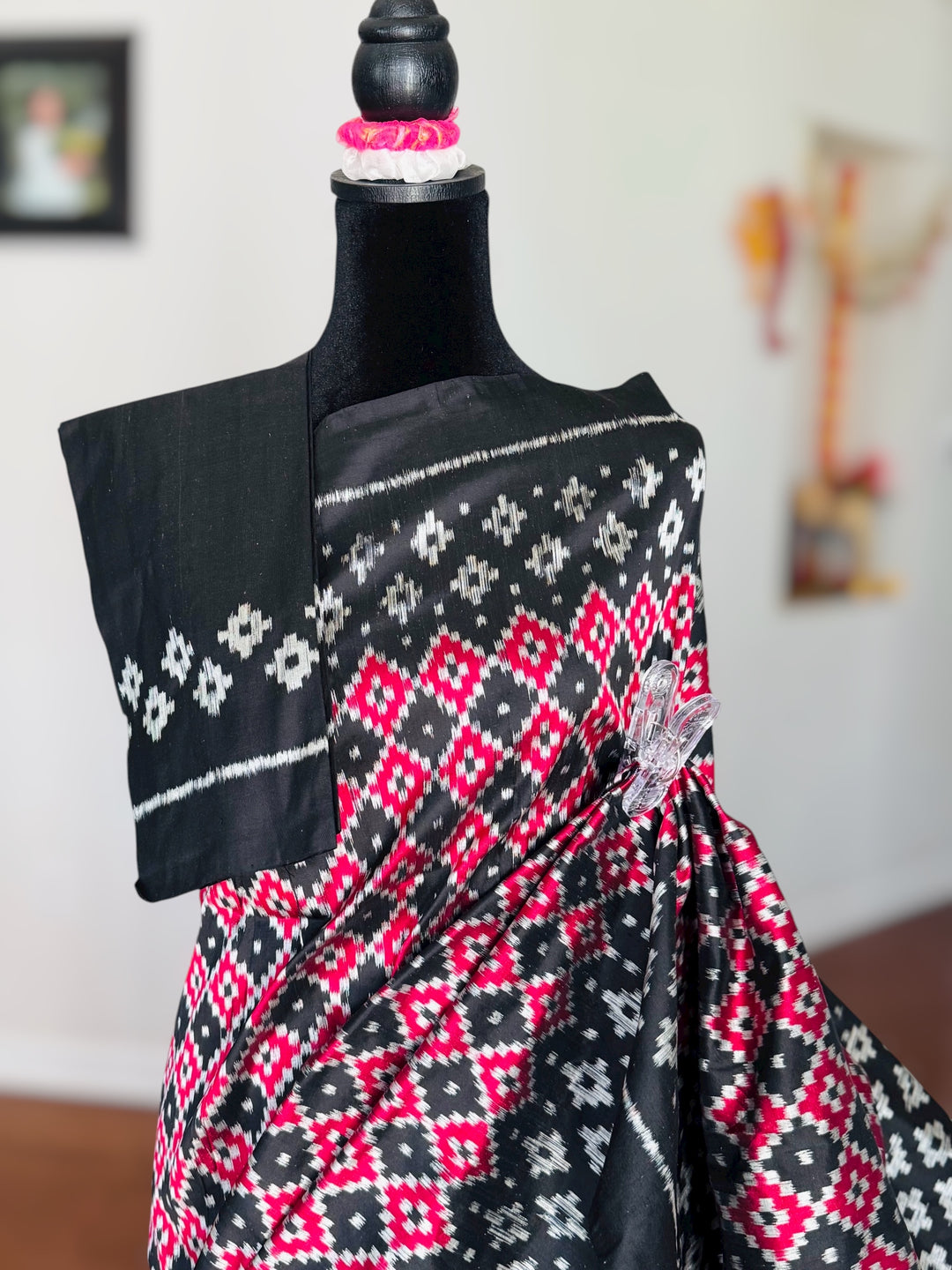 Black with red handwoven ikat pure silk saree|Odisha Weaves|Contemporary Ikat|