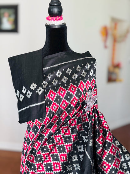 Black with red handwoven ikat pure silk saree|Odisha Weaves|Contemporary Ikat|Antara