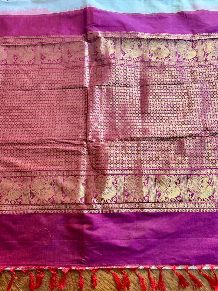 White Purple Ikkat (Pochampally)Silk Saree with Zari Woven Kanchipuram Border and Unstitched Blouse