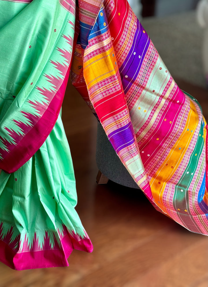 Aqua color Berhampuri Pure Silk Saree with Colorful double pallu
