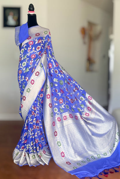 Light lavender-ish blue Banarasi hand woven pure khaddi georgette saree with Tilfi meenakari