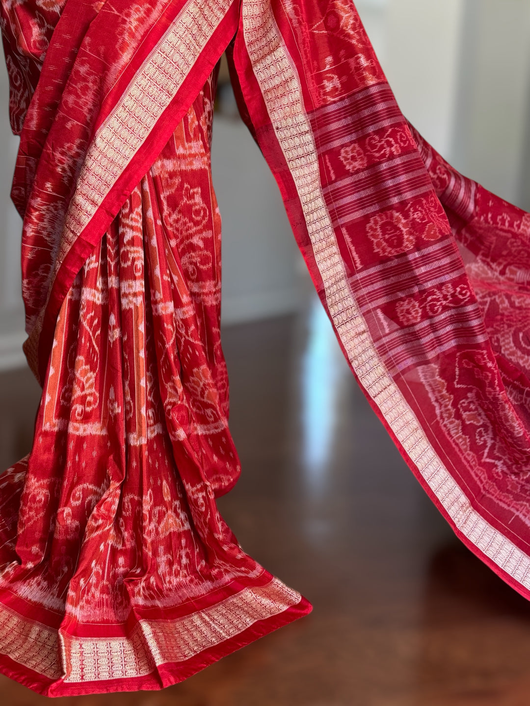 Dark Coral Red handwoven Sambalpuri Ikat Silk saree |Odisha Weaves
