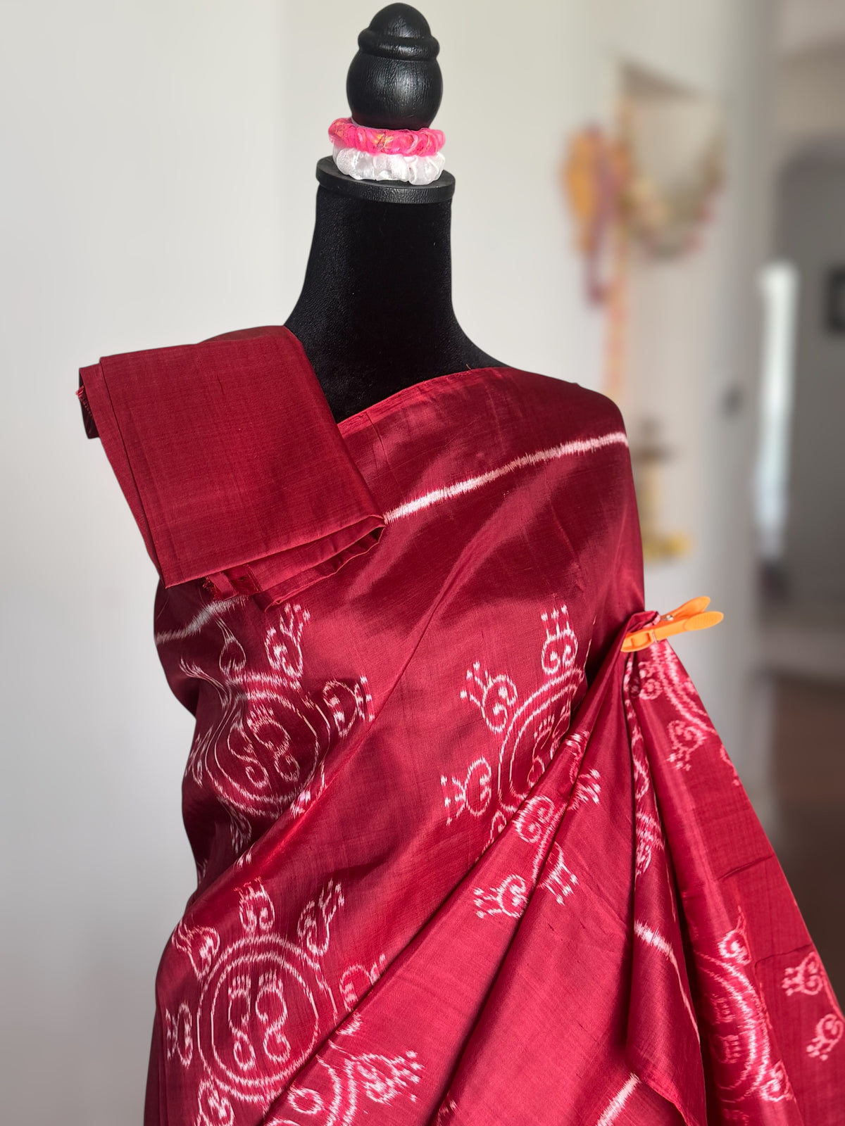 Fainted Maroon color Laxmi Pada contemporary ikat pure silk saree| Odisha Weaves