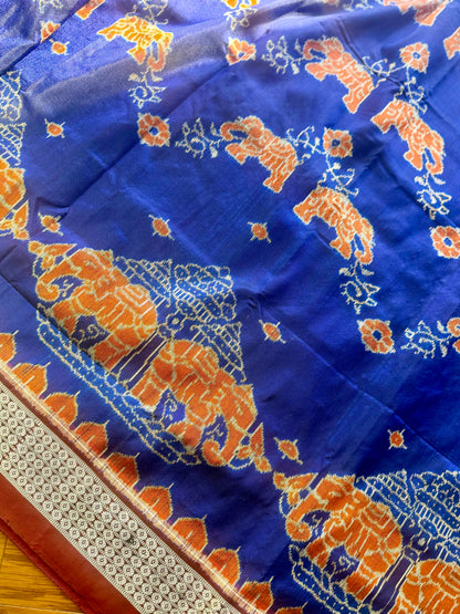 Blue & Maroon Sambalpuri Handwoven Ikat Elephant Motif pure silk Saree | Odisha weaves