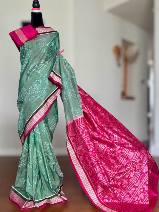 Handwoven Sage green and Pink yantra theme Sambalpuri ikat pure silk saree|Odisha Weaves|