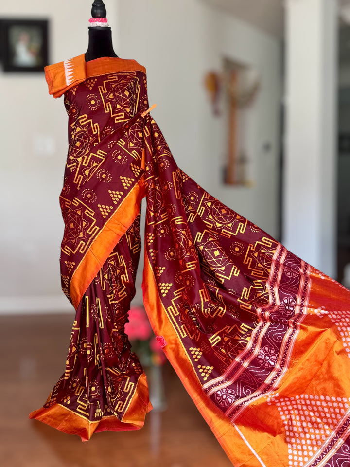 Maroon with yellow color handwoven ikat pure silk saree|Odisha Weaves|Contemporary Ikat|