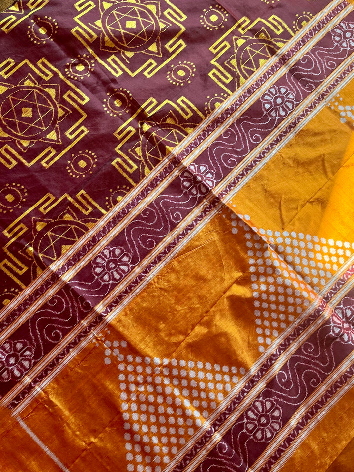 Maroon with yellow color handwoven ikat pure silk saree|Odisha Weaves|Contemporary Ikat|
