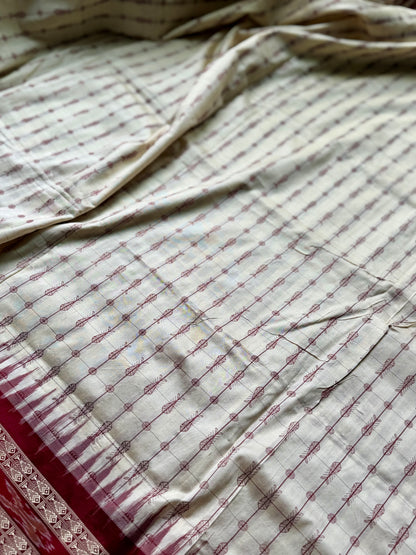 Offwhite (cream) and maroon handwoven Sambalpuri thousand motif pure Ikkat silk saree | Odisha Weaves (Copy)