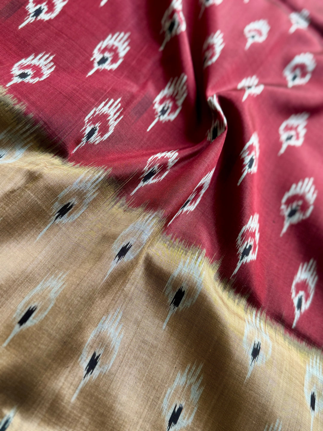 Maroon Beige Chandrika body Contemporary Ikat Pure Silk Saree|Odisha Weaves|Mishrita