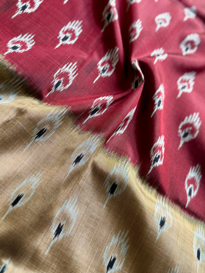Maroon Beige Chandrika body Contemporary Ikat Pure Silk Saree|Odisha Weaves|Mishrita