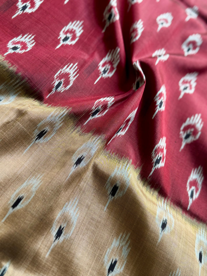 Maroon Beige Chandrika body Contemporary Ikat Pure Silk Saree|Odisha Weaves|Mishrita
