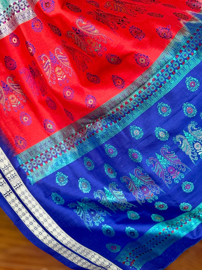 Aquamarine and blue combination master woven Bomkai pure silk saree | Odisha Weaves
