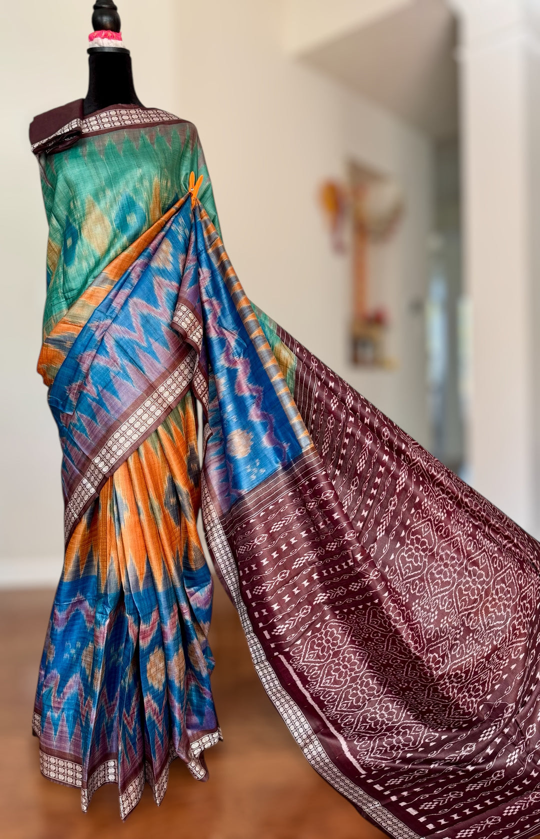 Multi colored Gopalpur handwoven pure Tussar silk saree with ikat pallu|Odisha weaves