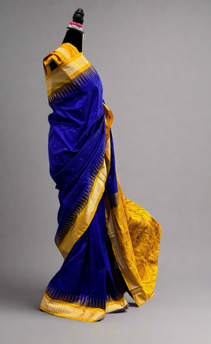 Royal blue and yellow combination Bomkai pure Silk Saree