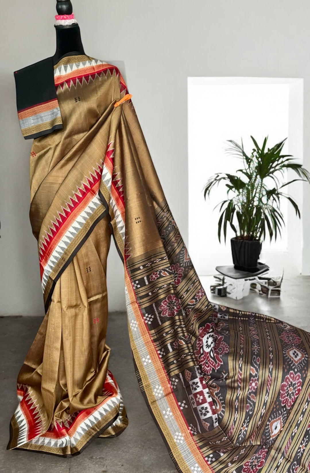 Ikat Khandua Pure Silk Saree from Odisha weaves in a sandy brown color |Odisha Weaves