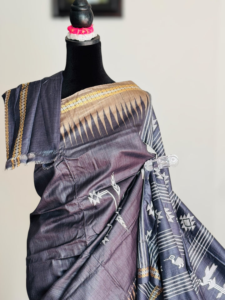 Ganjam Bomkai inspired handwoven pure Tussar silk saree in Black color