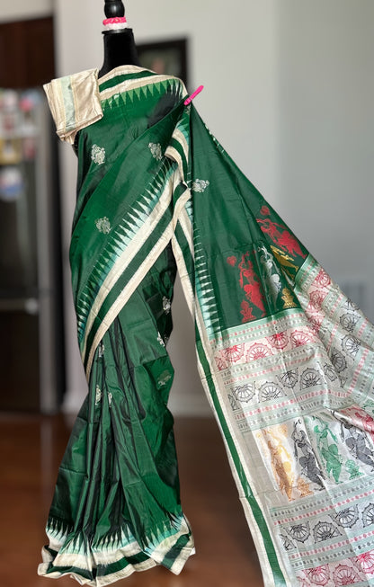 Green Dancer theme Master woven Bomkai Puresilk Sare