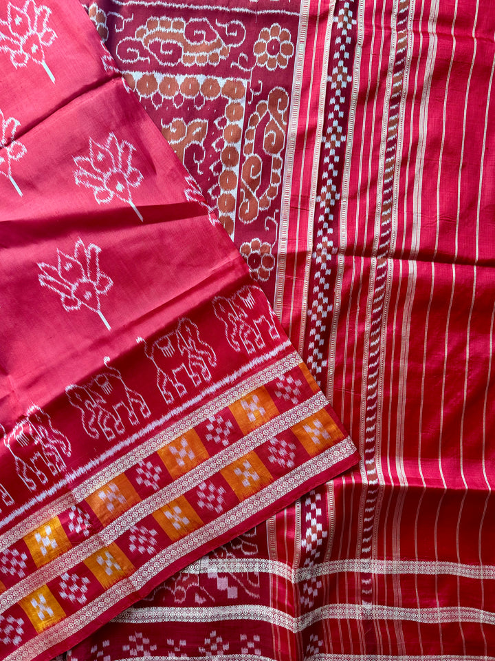 Red color Elegant khandua ikat pure silk saree with Elephant lotus motifs in body and pasapalli border |Odisha Weaves