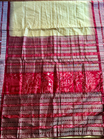 Gorgeous Pale Yellow handwoven Sambalpuri Ikat pure Silk saree