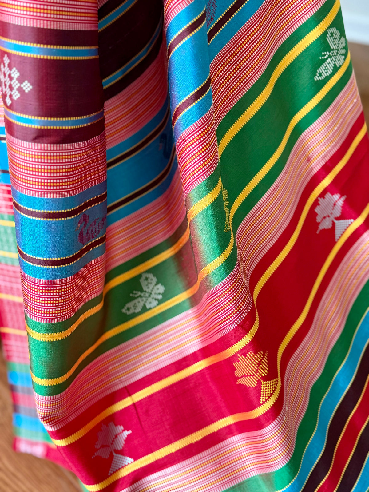 Off- White and Red Berhampuri Double pallu Pure Silk Saree| Odisha Weaves