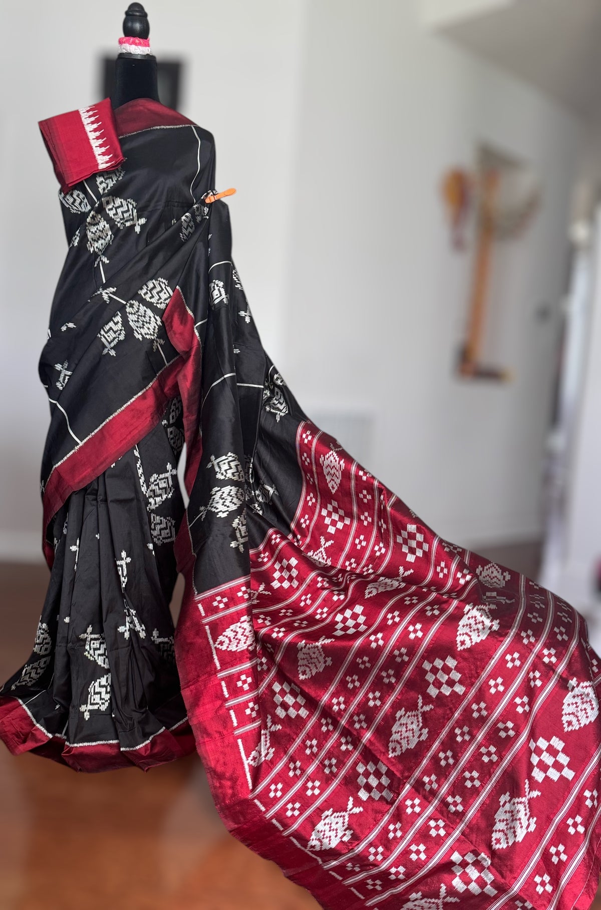 Black color fish motif handwoven ikat pure silk saree|Odisha Weaves|Contemporary Ikat|Antara