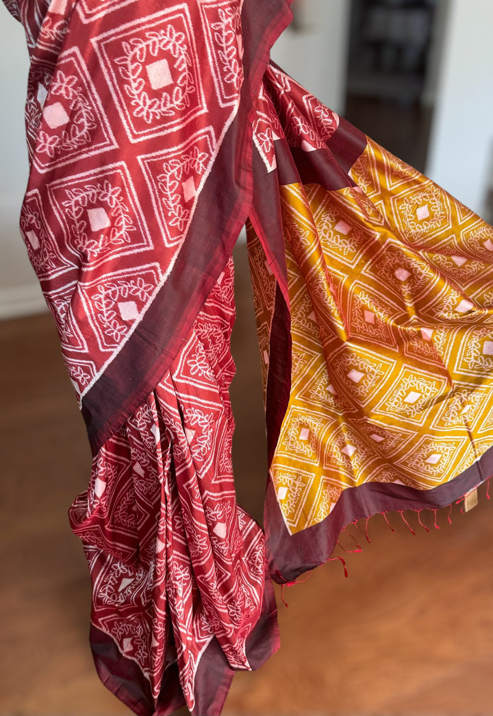 High quality contemporary Ikat Pure silk saree in light rust red