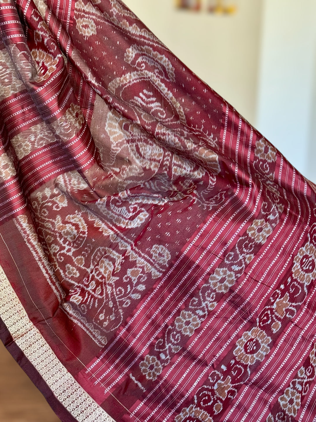 Olive green with maroon handwoven Sambalpuri Ikat Silk saree |Odisha Weaves