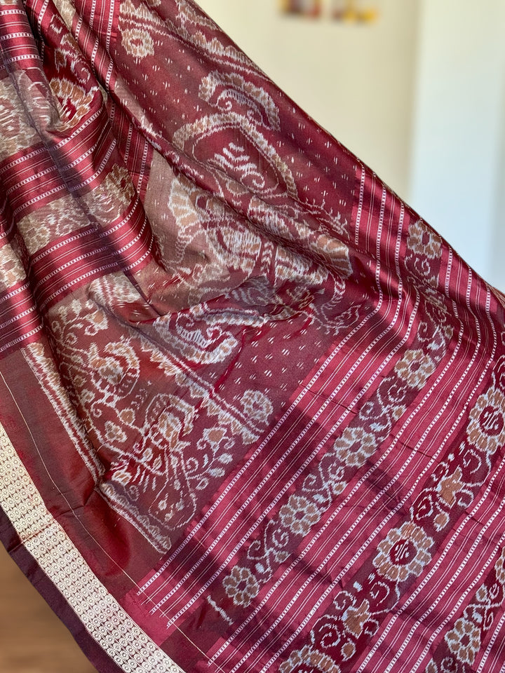 Olive green with maroon handwoven Sambalpuri Ikat Silk saree |Odisha Weaves