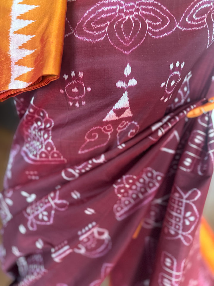 Maroon with orange yellow color handwoven Chita patterned ikat pure silk saree|Odisha Weaves|Contemporary Ikat