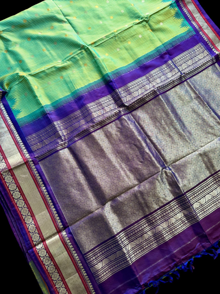 Light Green vintage Checks Gadwal Pure Silk Saree with zari buttas and contrast Indigo border