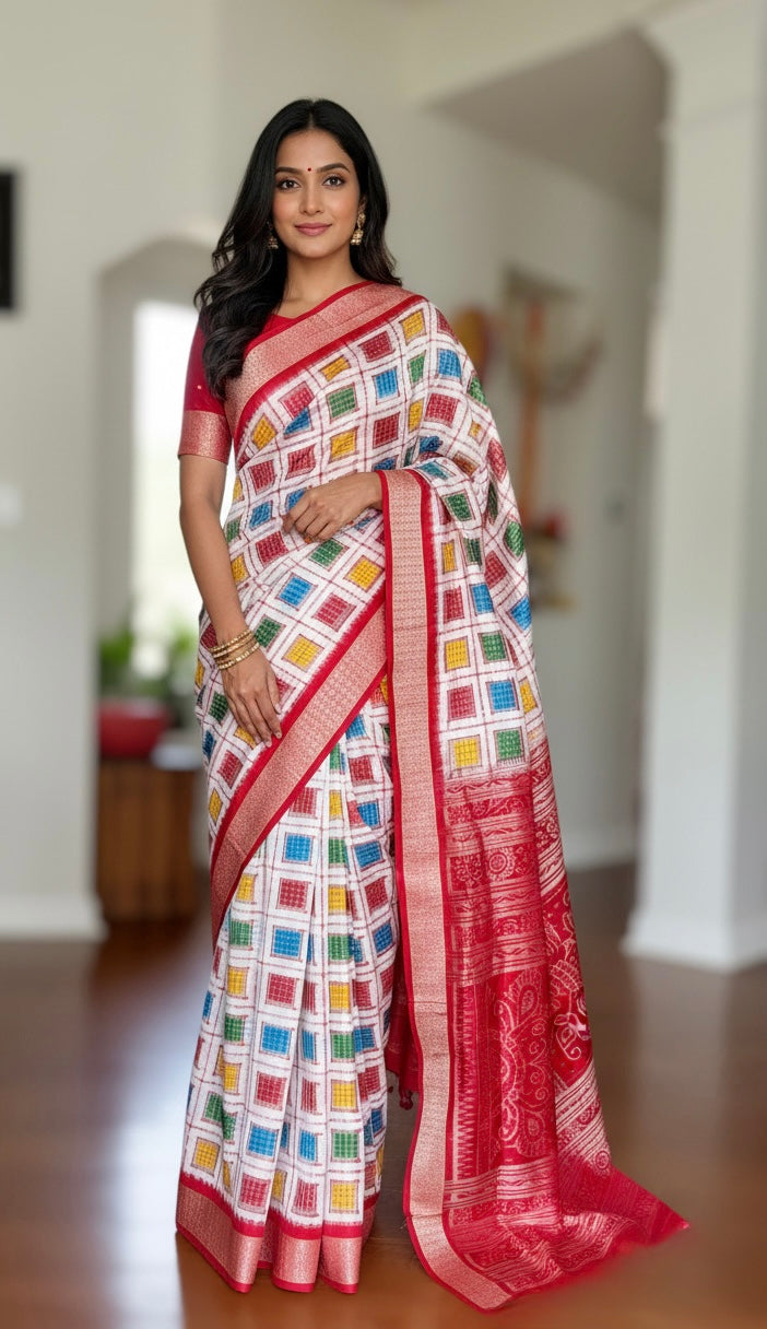 Handwoven White Mini (Chhoti)Aswini Sambalpuri Double ikat pure silk saree|Odisha Weaves|