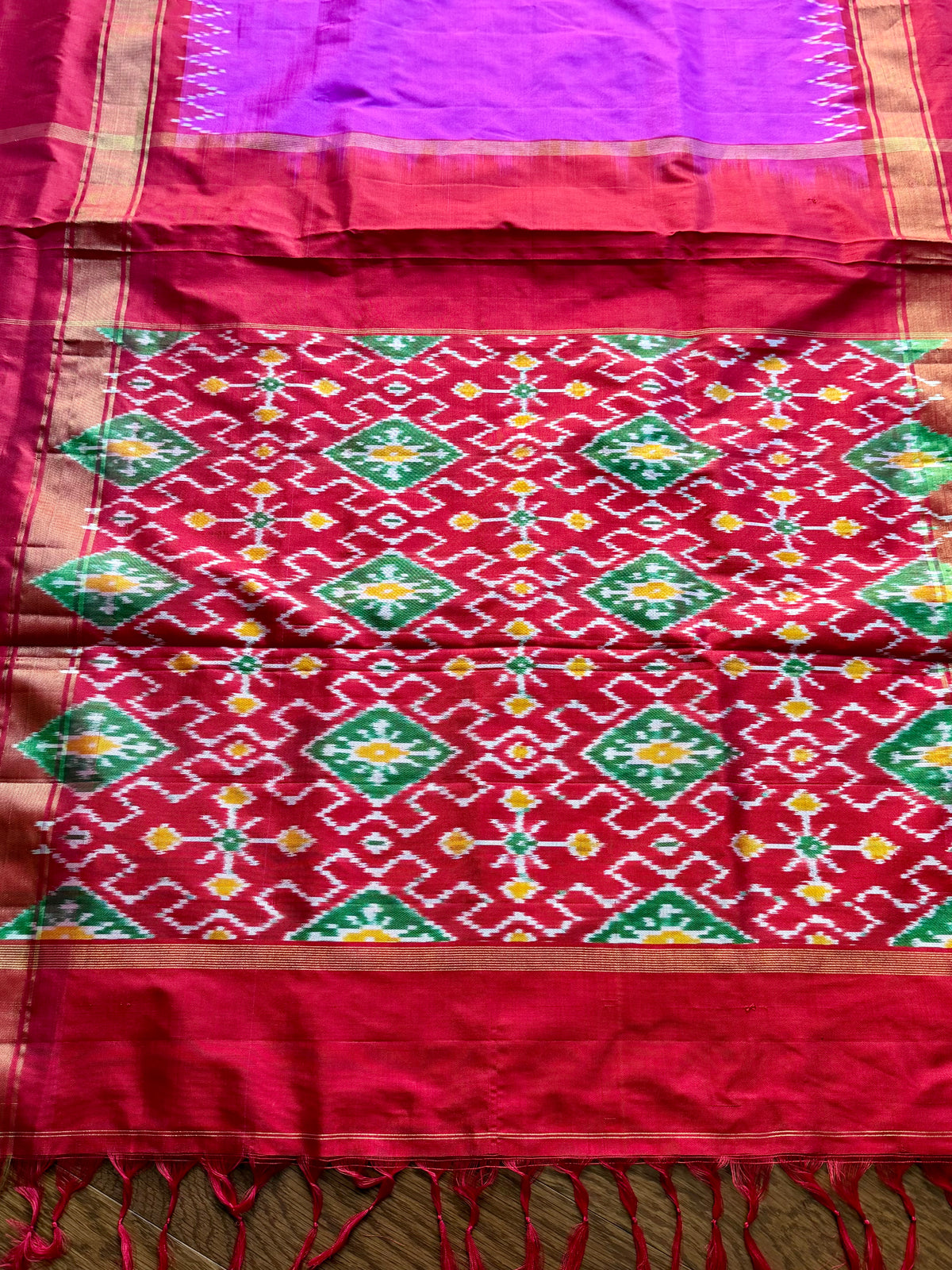 Bright Magenta-pink with Red Pochampally ikat pure silk saree with Patola pallu and Kanchi-Style Zari Border