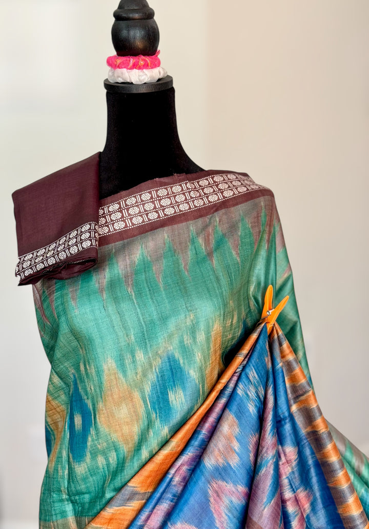 Multi colored Gopalpur handwoven pure Tussar silk saree with ikat pallu|Odisha weaves