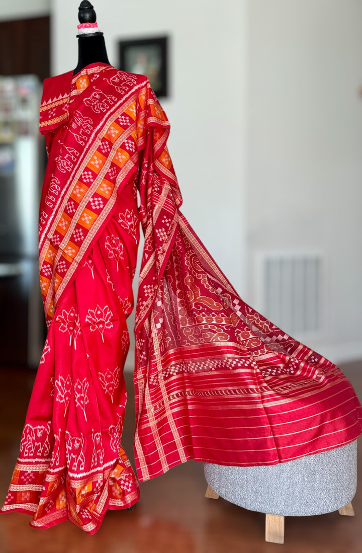 Red color Elegant khandua ikat pure silk saree with Elephant lotus motifs in body and pasapalli border |Odisha Weaves